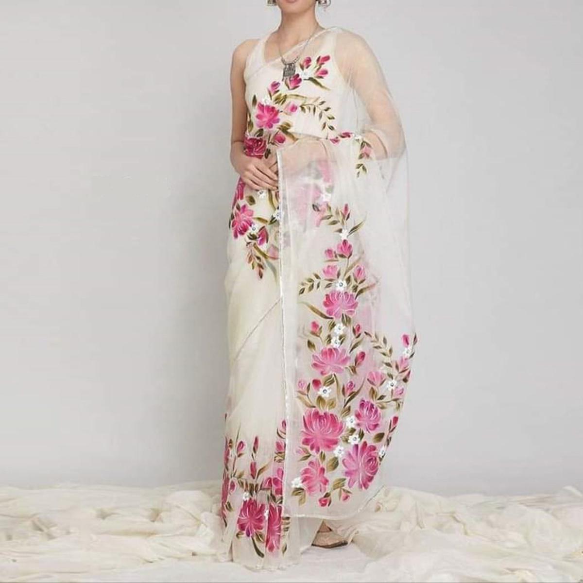 Hand Printed Exclusive Design half silk saree for Women 360 view